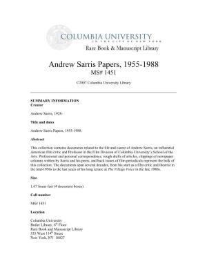 Andrew Sarris Papers, 1955-1988 MS# 1451