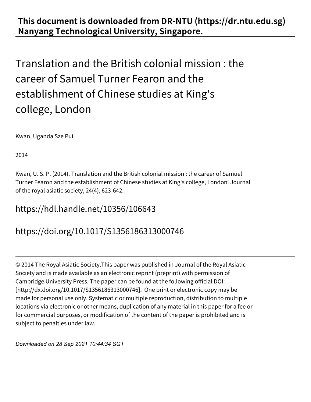 Translation and the British Colonial Mission : the Career of Samuel Turner Fearon and the Establishment of Chinese Studies at King's College, London