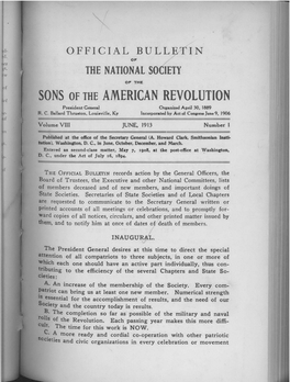 SONS of the AMERICAN REVOLUTION Preoident Ceoeral Organized April 30, 1889 R