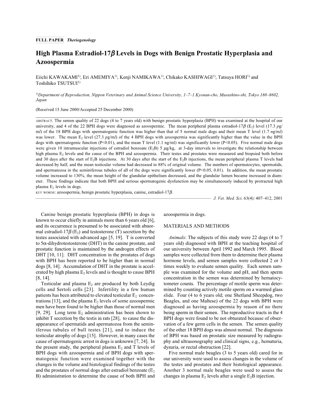 High Plasma Estradiol-17Β Levels in Dogs with Benign Prostatic Hyperplasia and Azoospermia