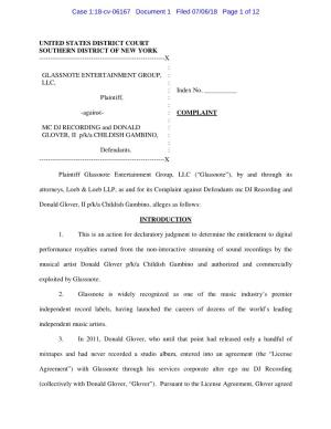 UNITED STATES DISTRICT COURT SOUTHERN DISTRICT of NEW YORK ------X : GLASSNOTE ENTERTAINMENT GROUP, : LLC, : : Index No