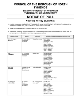 Tynemouth Constituency Notice of Poll