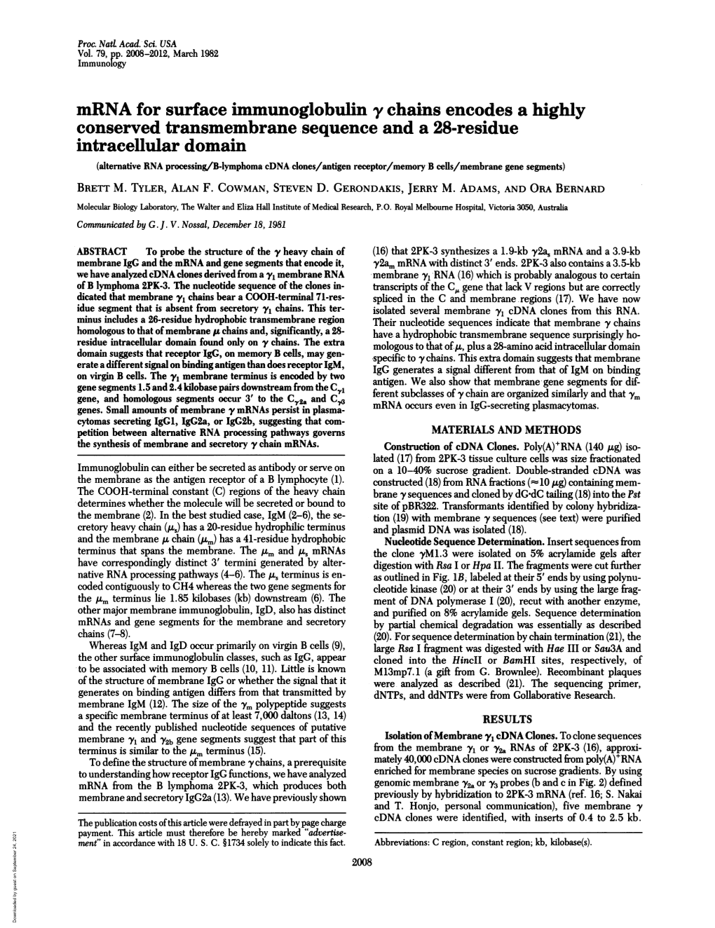 Mrna for Surface Immunoglobulin Y Chains Encodes a Highly Conserved