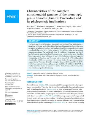 Characteristics of the Complete Mitochondrial Genome of the Monotypic Genus Arctictis (Family: Viverridae) and Its Phylogenetic Implications