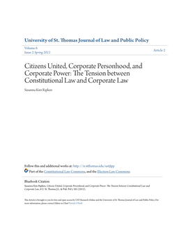 Citizens United, Corporate Personhood, and Corporate Power: the Et Nsion Between Constitutional Law and Corporate Law Susanna Kim Ripken