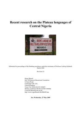 Recent Research on the Plateau Languages of Central Nigeria