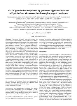 GALC Gene Is Downregulated by Promoter Hypermethylation in Epstein-Barr Virus‑Associated Nasopharyngeal Carcinoma