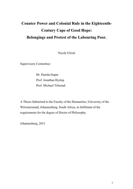Counter Power and Colonial Rule in the Eighteenth- Century Cape of Good Hope: Belongings and Protest of the Labouring Poor