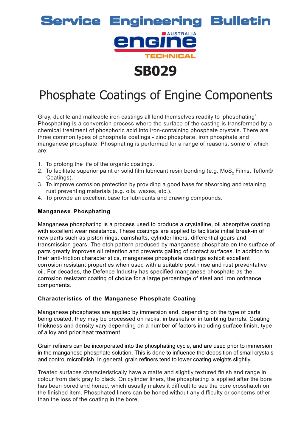 Phosphate Coatings of Engine Components Service Engineering