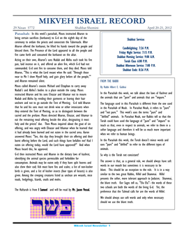 MIKVEH ISRAEL RECORD 29 Nisan 5772 Shabbat Shemini April 20-21, 2012