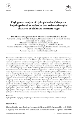 Phylogenetic Analysis of Hydrophiloidea (Coleoptera: Polyphaga) Based on Molecular Data and Morphological Characters of Adults and Immature Stages