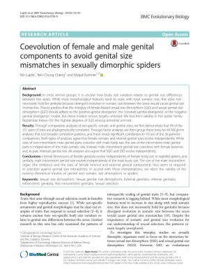 Coevolution of Female and Male Genital Components to Avoid Genital Size Mismatches in Sexually Dimorphic Spiders Nik Lupše1, Ren-Chung Cheng1 and Matjaž Kuntner1,2*