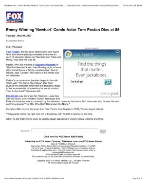 Emmy-Winning 'Newhart' Comic Actor Tom Poston Dies at 85