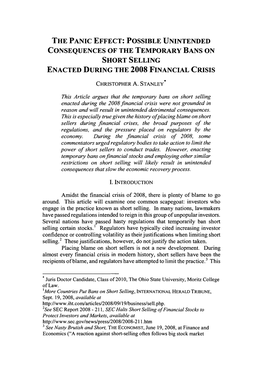 Panic Effect: Possible Unintended Consequences of the Temporary Bans on Short Selling Enacted During the 2008 Financial Crisis