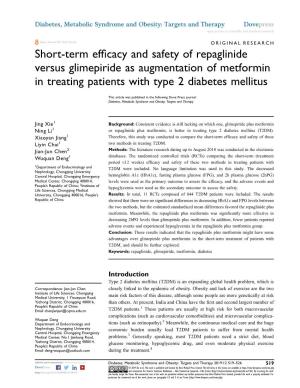 Short-Term Efficacy and Safety of Repaglinide Versus Glimepiride As