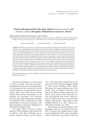 Factors Affecting Growth of the Spiny Lobsters Panulirus Gracilis and Panulirus Inflatus (Decapoda: Palinuridae) in Guerrero, México