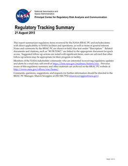 NASA RRAC PC REGULATORY TRACKING SUMMARY 21 AUGUST 2015 Contents of This Issue Acronyms and Abbreviations 3 1.0 U.S