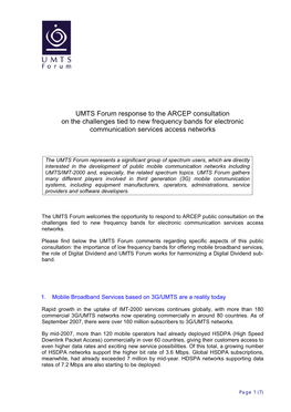 UMTS Forum Response to the ARCEP Consultation on the Challenges Tied to New Frequency Bands for Electronic Communication Services Access Networks