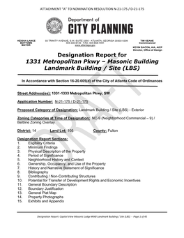 Designation Report for 1331 Metropolitan Pkwy – Masonic Building Landmark Building / Site (LBS)