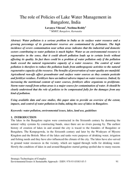 The Role of Policies of Lake Water Management in Bangalore, India Lavanya Vikram 1, Neelima Reddy 2 1,2 MSRIT, Bangalore, Karnataka