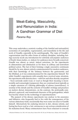 Meat-Eating, Masculinity, and Renunciation in India: a Gandhian Grammar of Diet’ Gender & History, Vol.14 No.1 April 2002, Pp
