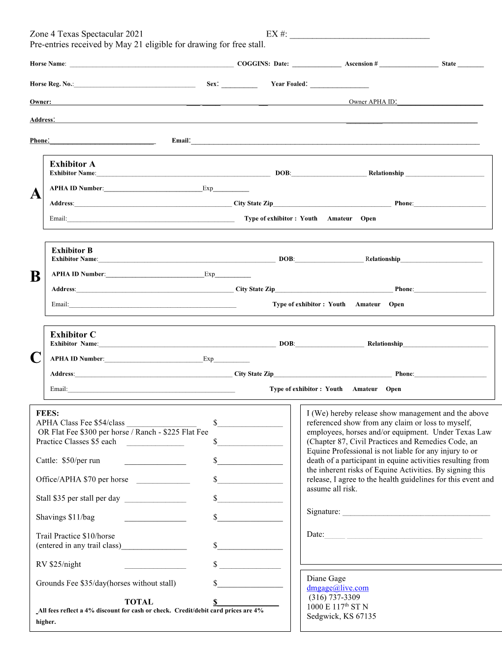 Use Separate Form for Each Horse IF NOVICE PERMIT USED ENTER