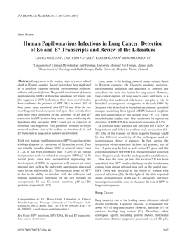 Human Papillomavirus Infections in Lung Cancer. Detection of E6 and E7 Transcripts and Review of the Literature