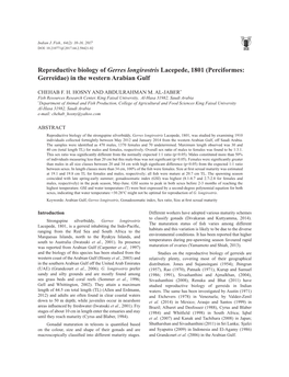 Reproductive Biology of Gerres Longirostris Lacepede, 1801 (Perciformes: Gerreidae) in the Western Arabian Gulf