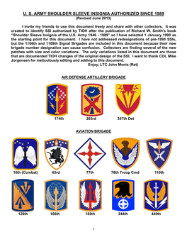 U. S. ARMY SHOULDER SLEEVE INSIGNIA AUTHORIZED SINCE 1989 (Revised June 2013)