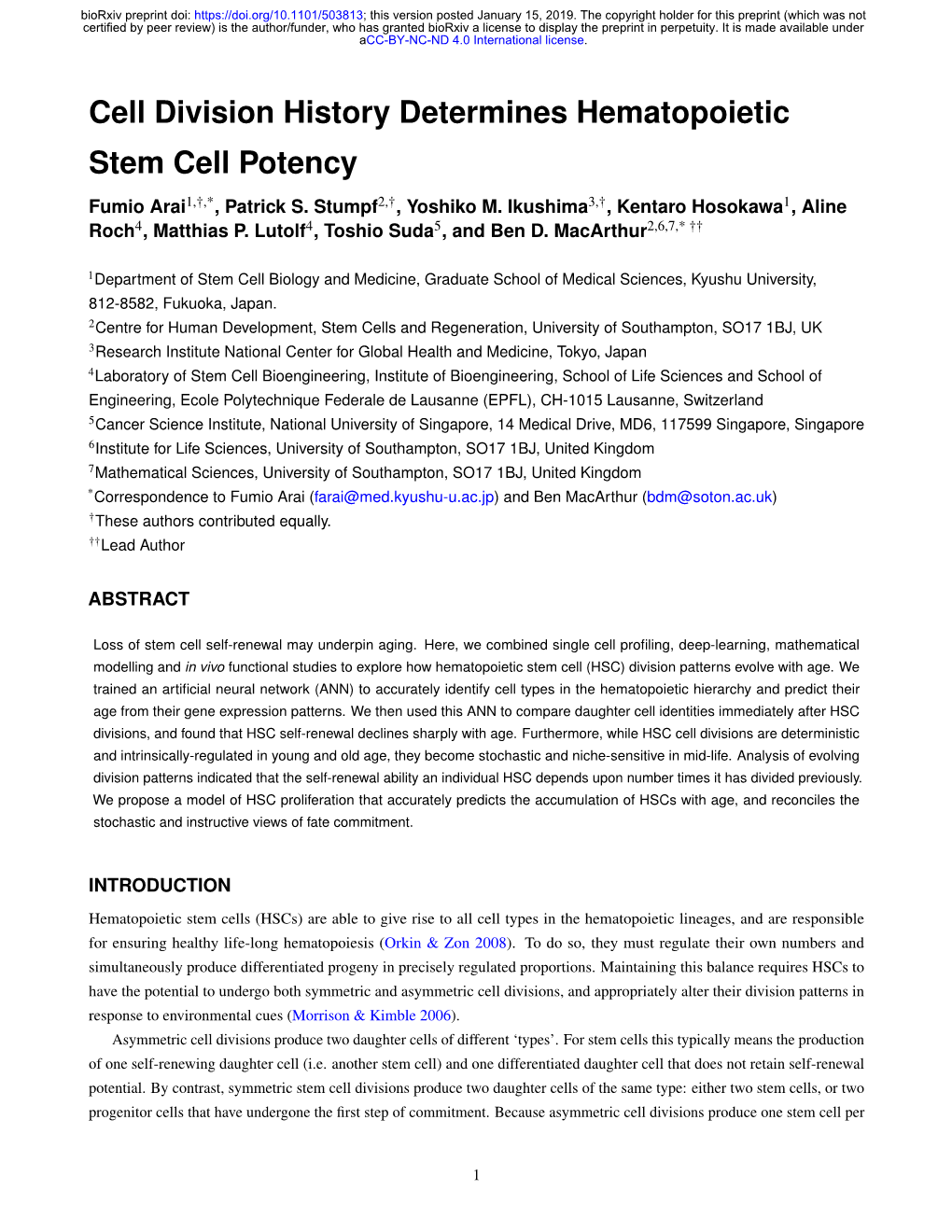 Cell Division History Determines Hematopoietic Stem Cell Potency Fumio Arai1,†,*, Patrick S