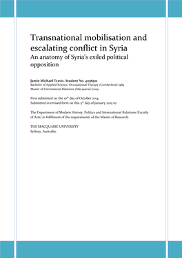 Transnational Mobilisation and Escalating Conflict in Syria an Anatomy of Syria’S Exiled Political Opposition