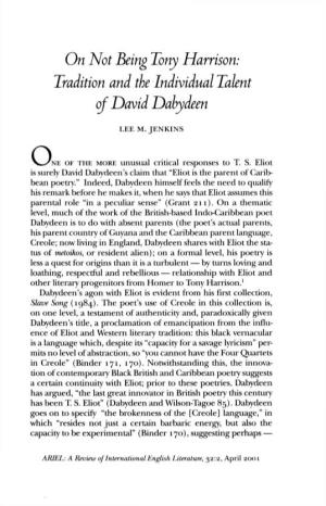 On Not Being Tony Harrison: Tradition and the Individual Talent of David Dabydeen