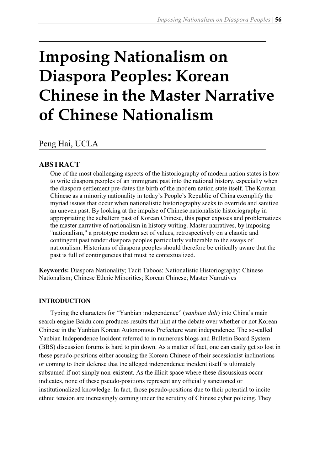 Imposing Nationalism on Diaspora Peoples: Korean Chinese in the Master Narrative of Chinese Nationalism