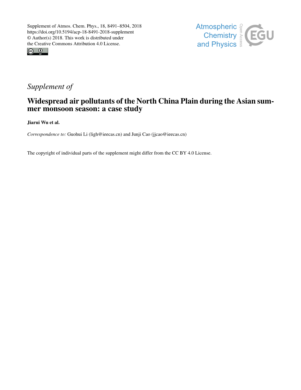 Supplement of Widespread Air Pollutants of the North China Plain During the Asian Sum- Mer Monsoon Season: a Case Study