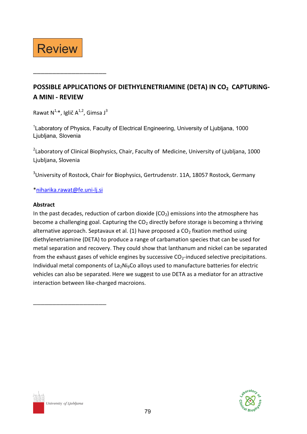 Possible Applications of Diethylenetriamine (Deta) in Co2 Capturing- a Mini - Review