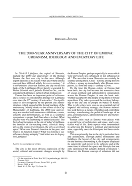 The 2000-Year Anniversary of the City of Emona: Urbanism, Ideology and Everyday Life