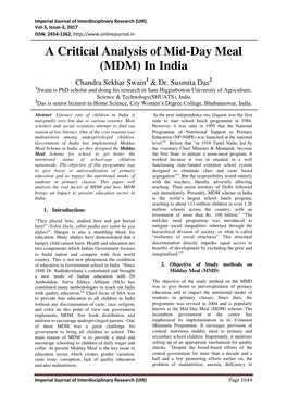 A Critical Analysis of Mid-Day Meal (MDM) in India