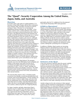The “Quad”: Security Cooperation Among the United States, Japan, India, and Australia