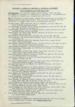 FELLOWSHIP of MAKERS and RESTORERS of HISTORICAL INSTRUMENTS List of Members As at 12Th April 1981 Abbreviations: F in Left-Hand Margin Denotes Fellow