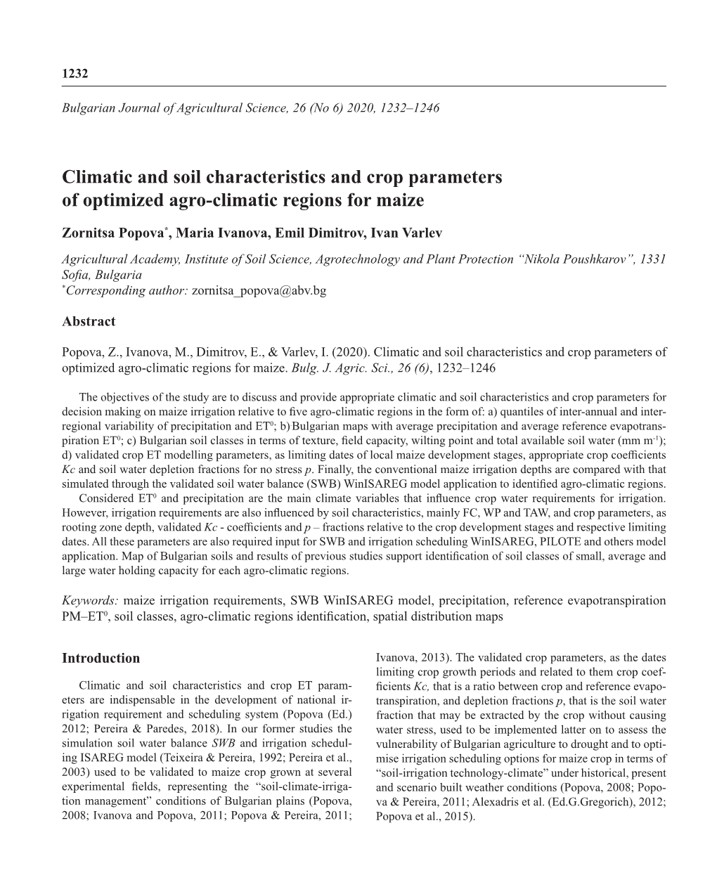 Climatic and Soil Characteristics and Crop Parameters of Optimized Agro-Climatic Regions for Maize