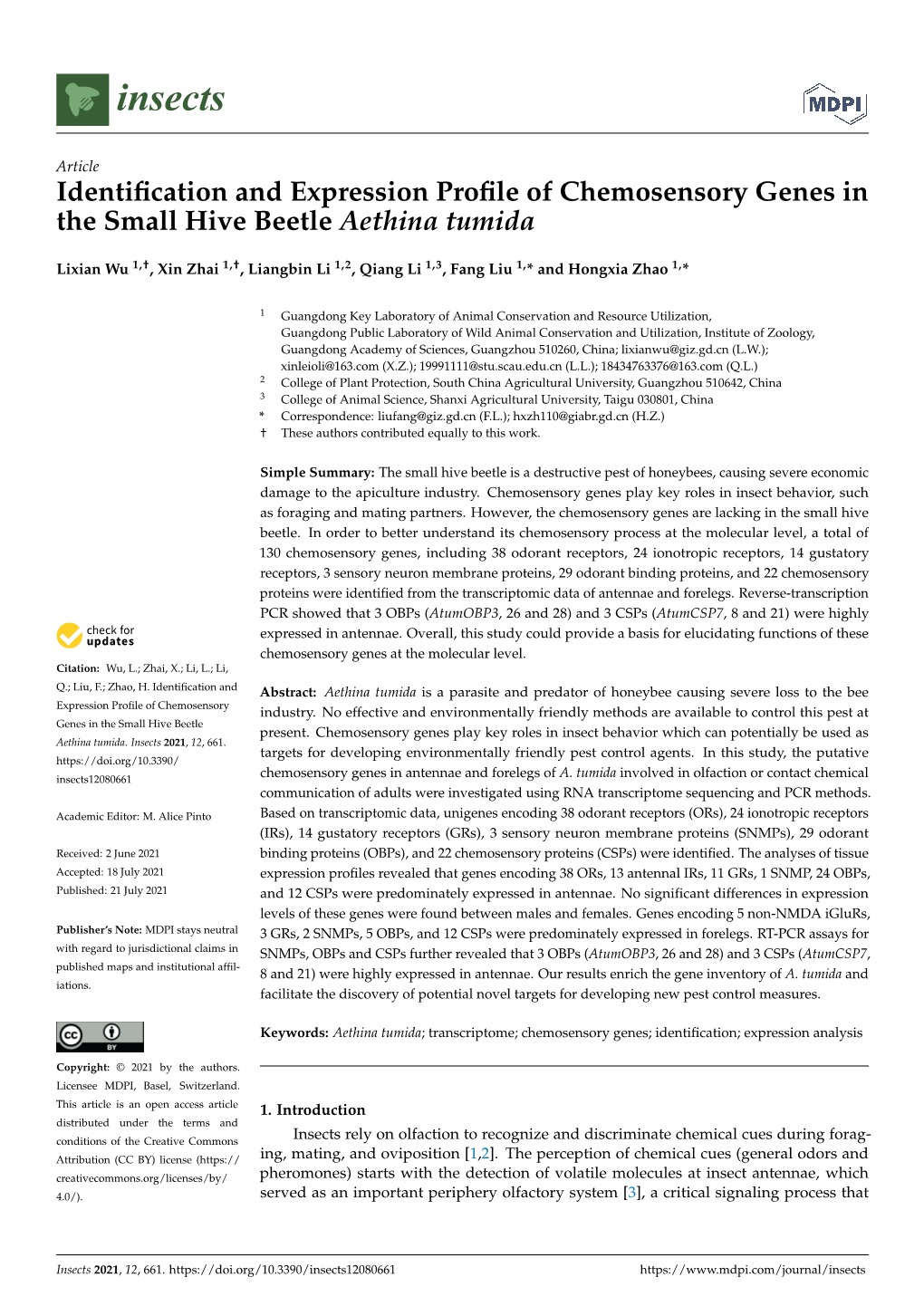 Identification and Expression Profile of Chemosensory Genes in the Small