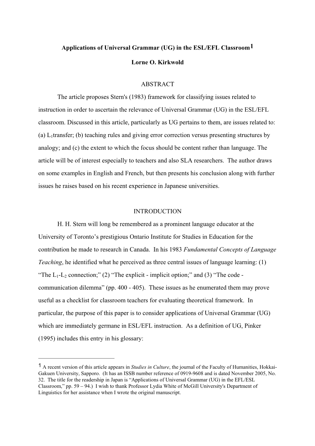 Applications of Universal Grammar (UG) in the ESL/EFL Classroom1