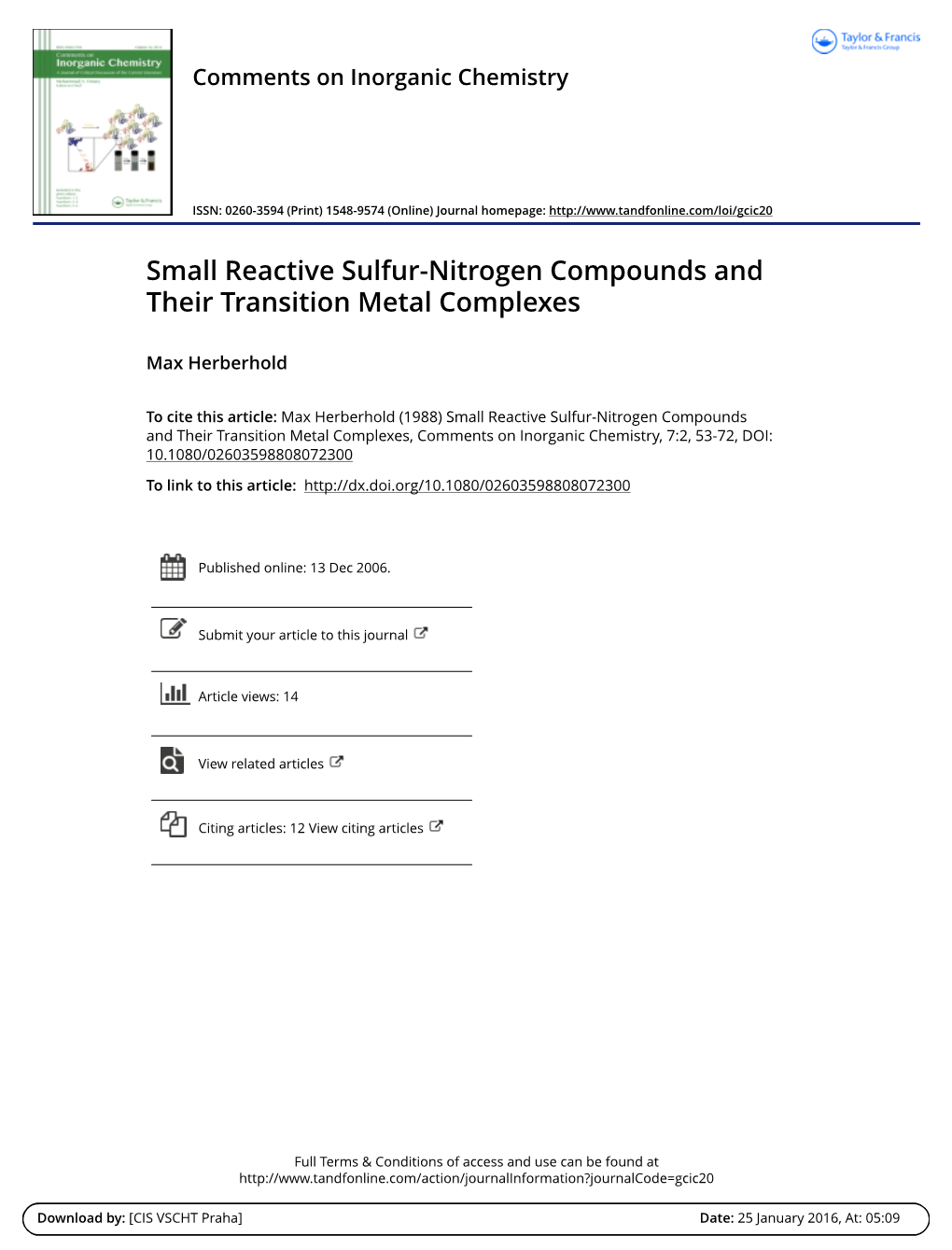 Small Reactive Sulfur-Nitrogen Compounds and Their Transition Metal Complexes