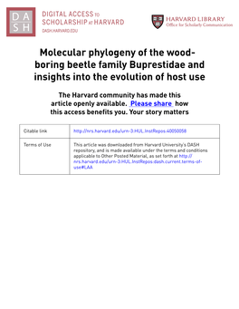 Molecular Phylogeny of the Wood- Boring Beetle Family Buprestidae and Insights Into the Evolution of Host Use