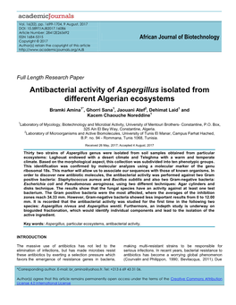 Antibacterial Activity of Aspergillus Isolated from Different Algerian Ecosystems