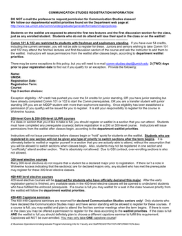 COMMUNICATION STUDIES REGISTRATION INFORMATION DO NOT E-Mail the Professor to Request Permission for Communication Studies Class