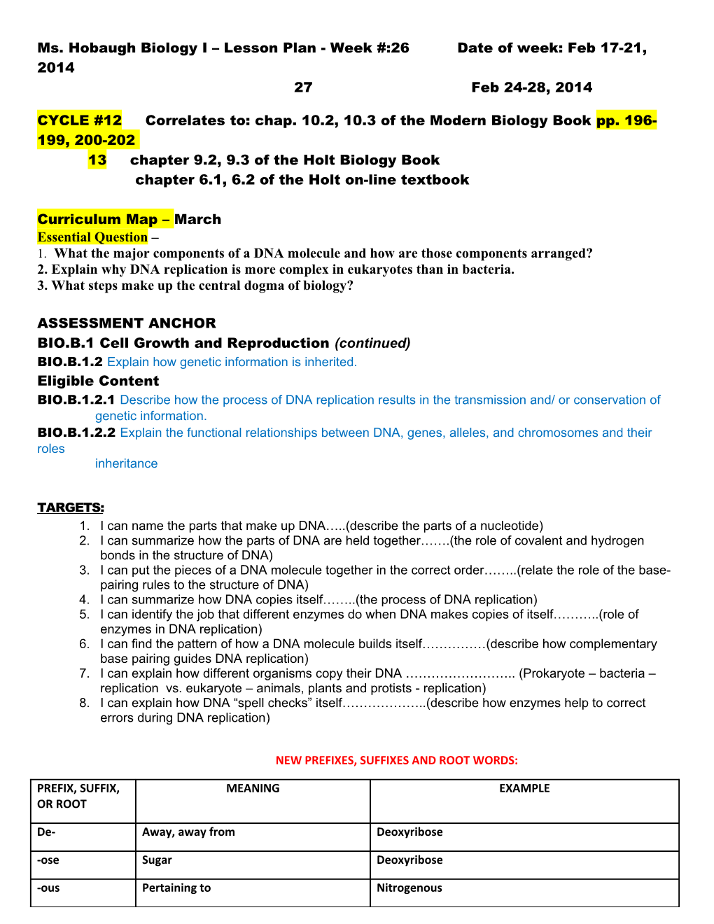 Ms. Hobaugh Biology I Lesson Plan - Week #:26 Date of Week: Feb 17-21, 2014