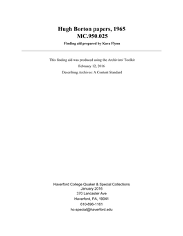 Hugh Borton Papers, 1965 MC.950.025 Finding Aid Prepared by Kara Flynn
