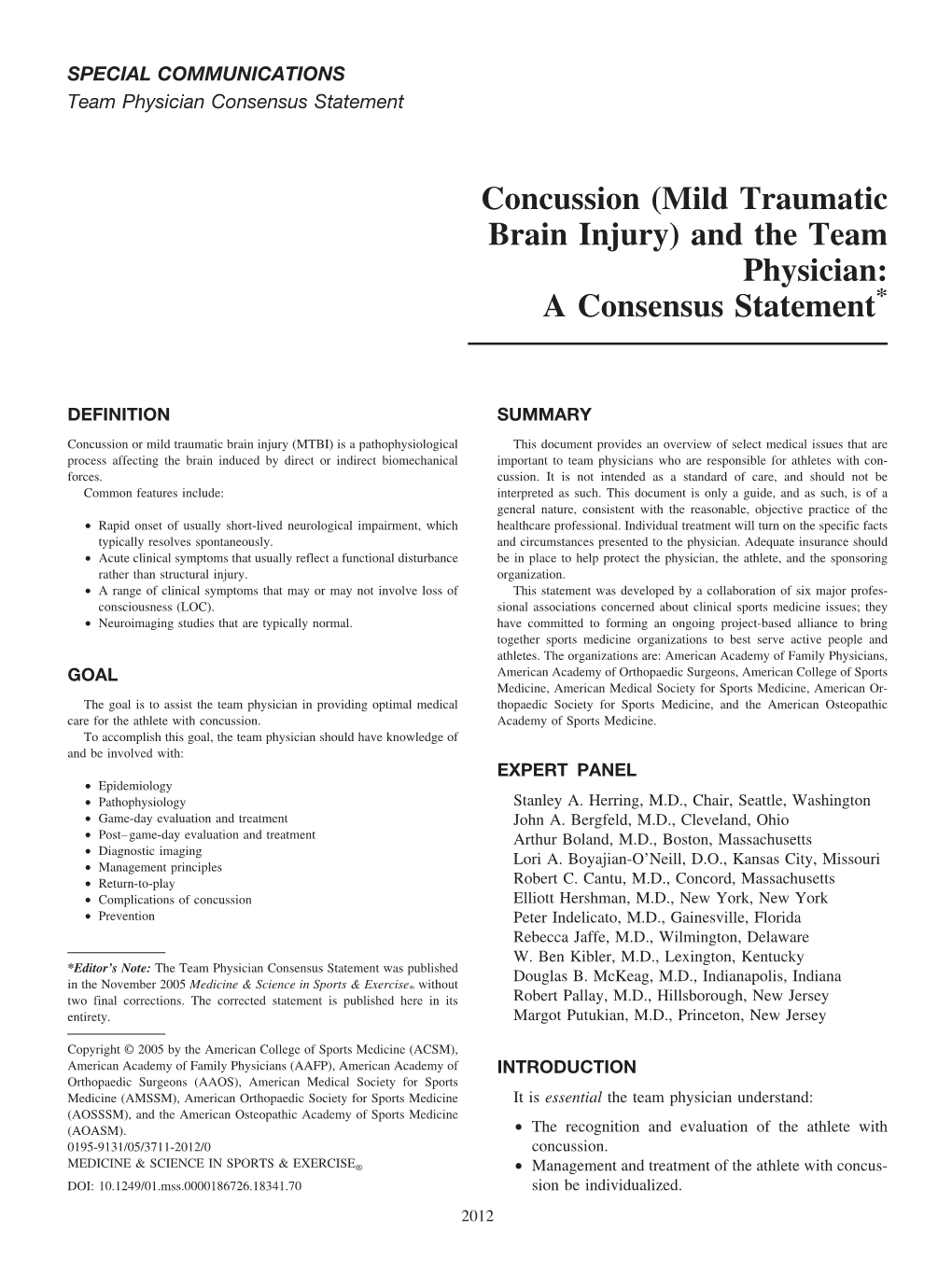 Concussion (Mild Traumatic Brain Injury) and the Team Physician: a Consensus Statement*