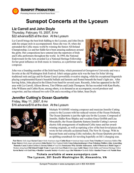Sunspot Concerts at the Lyceum Liz Carroll and John Doyle Thursday, February 15, 2007, 8 PM $22 Advance/$25 at the Door
